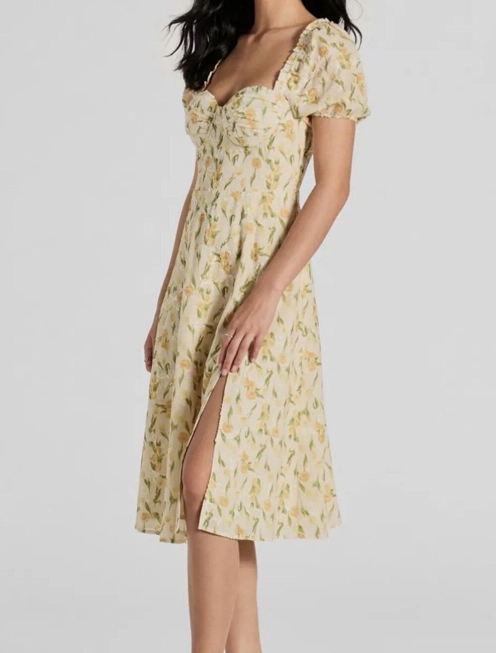 Windsor Milkmaid Puff Sleeve Midi Dress Sweetheart Neck Slit Cottagecore Cream S